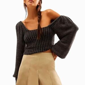 Free People Katie Pullover Sweater | Gray Ribbed Knit | New | Sz S